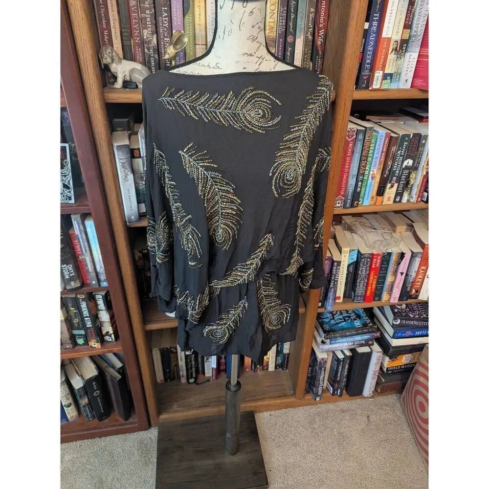 VTG Boyod Black Beaded Peacock Feather dess 1980s Art Deco Style Sequin dress XS